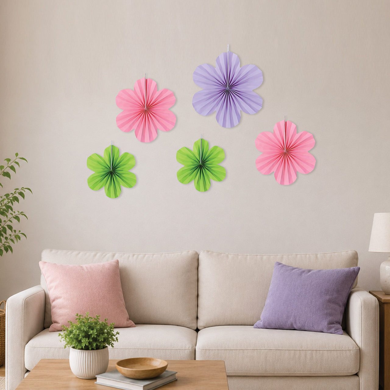 Flower Accordion Paper Fans (5-Pack) - Assorted Pastel Sizes - view 2