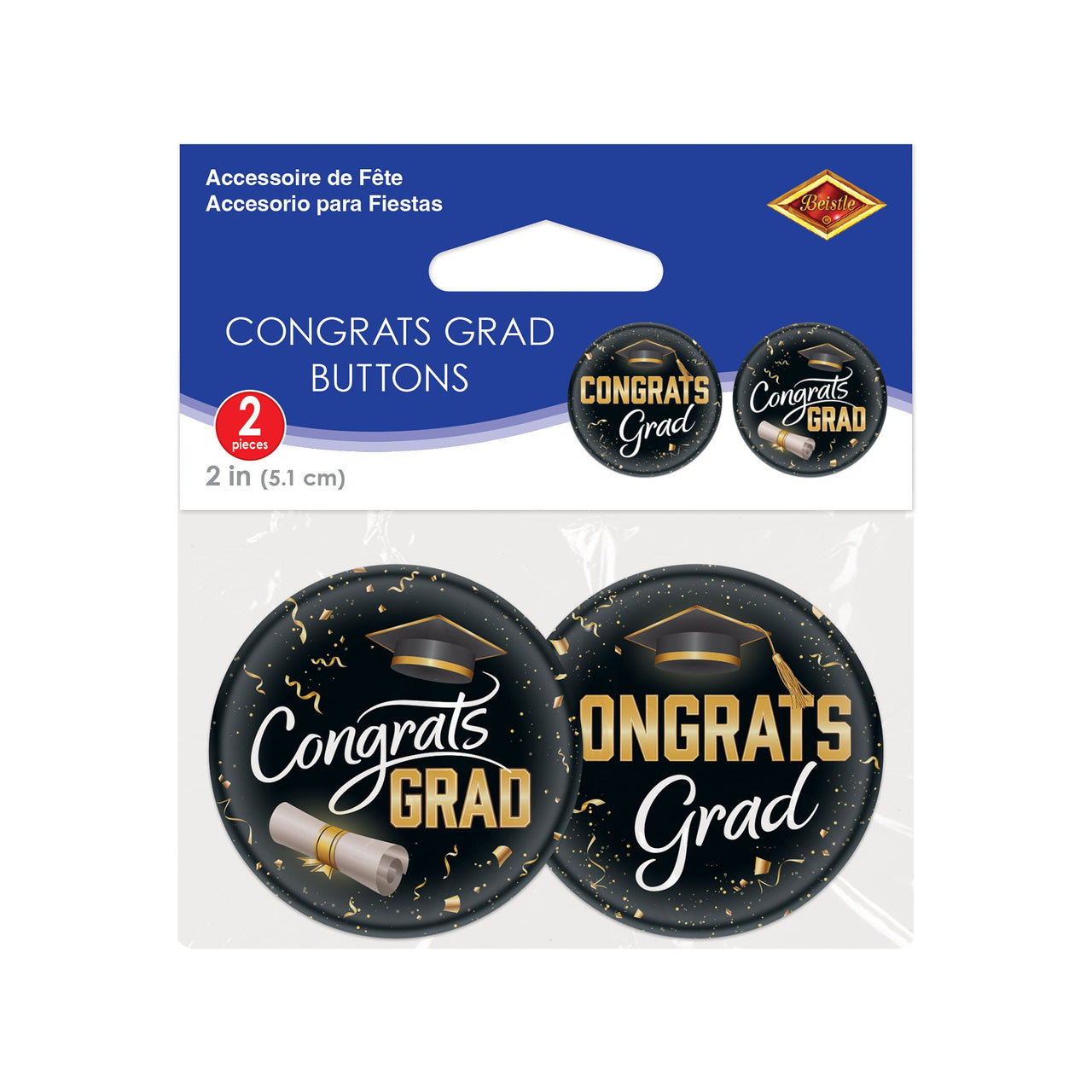 Congrats Grad Buttons - 2-inch Graduation Pins (2-Pack)