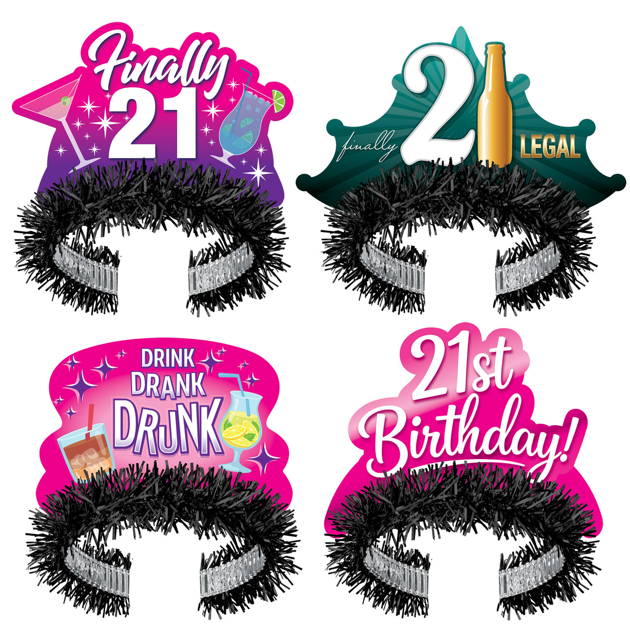 Finally 21 Fringed Tiaras (4-Pack) - Assorted Designs