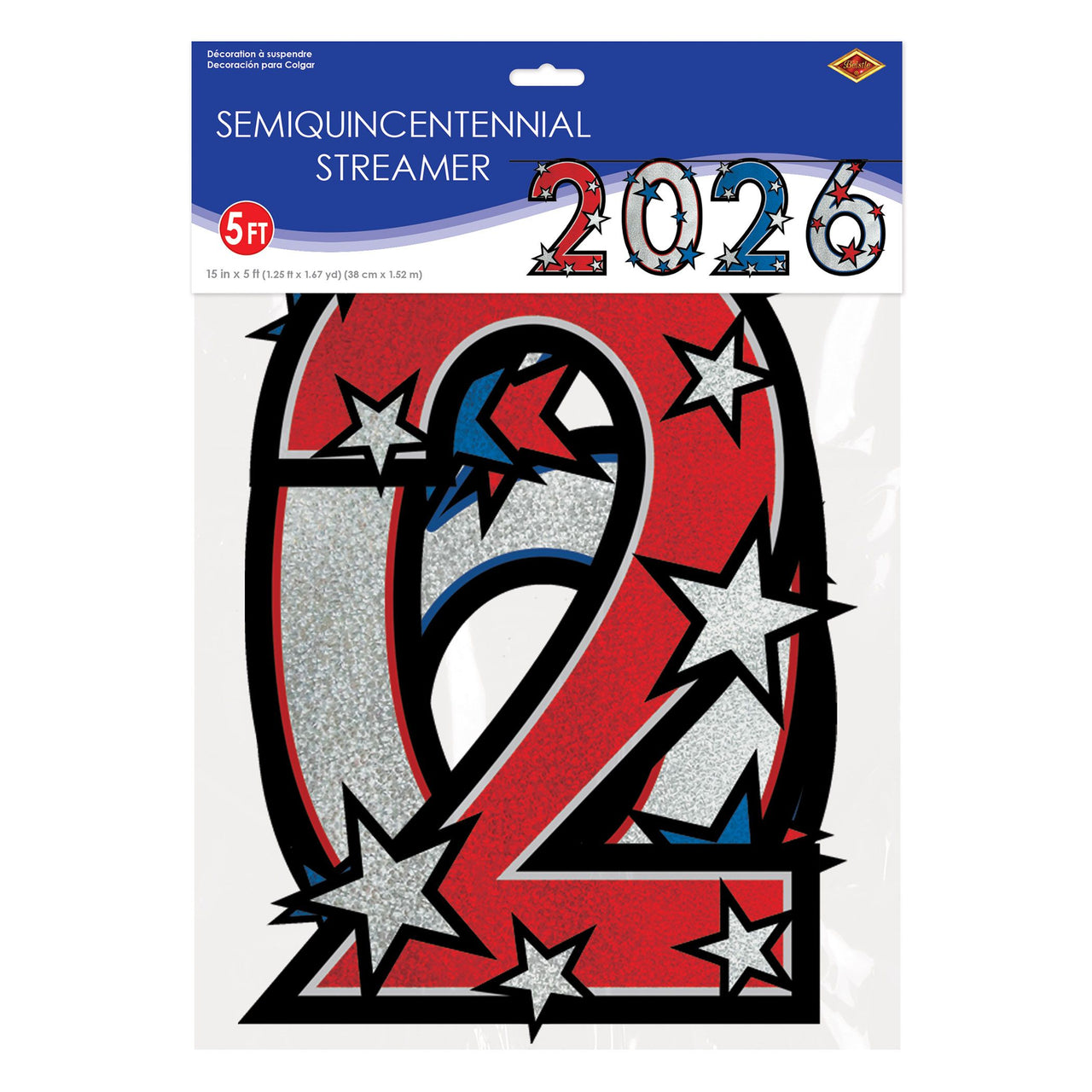 2026 Patriotic Streamer - Red, Silver Blue Glitter