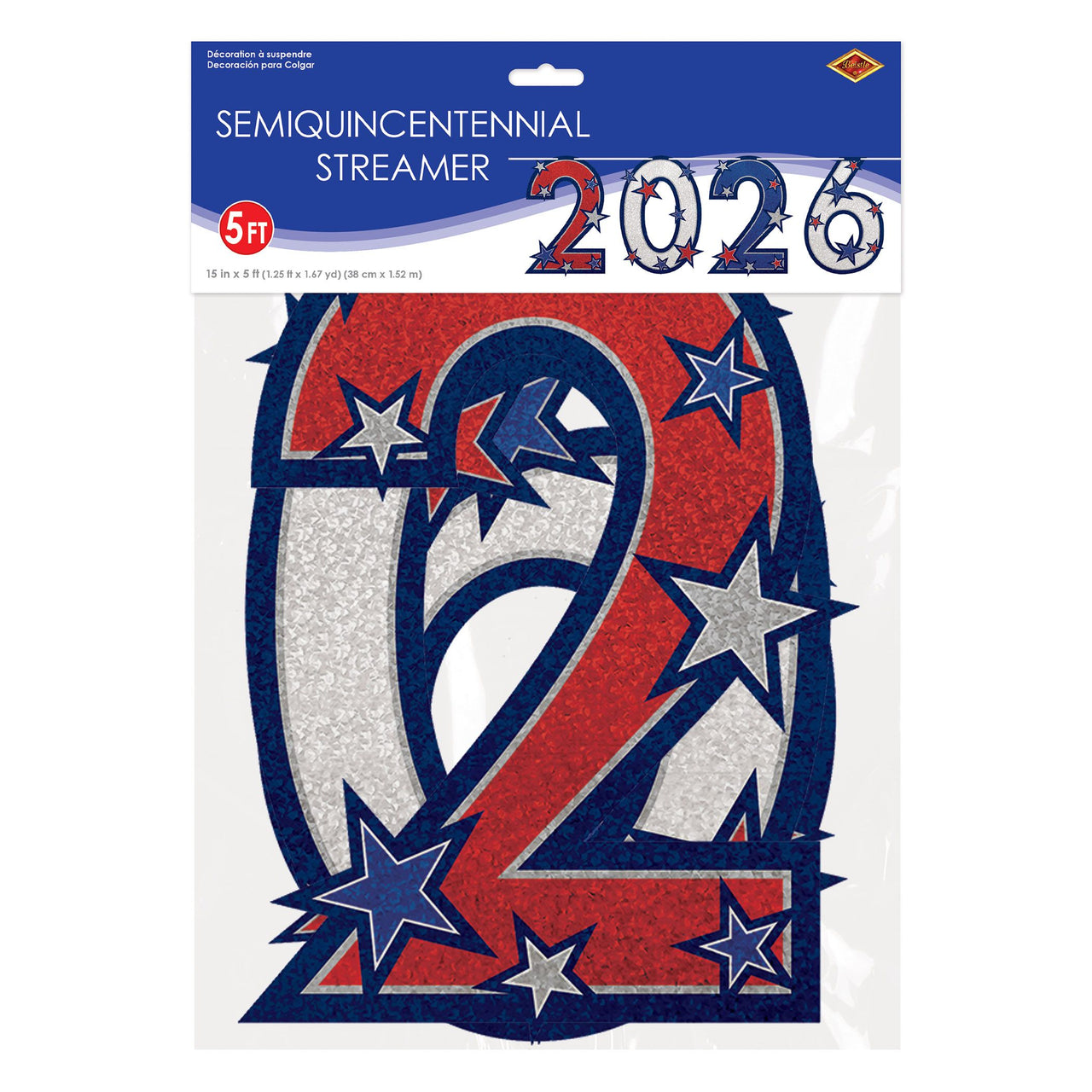 Patriotic Red White Blue Glitter Streamer (15" x 5')