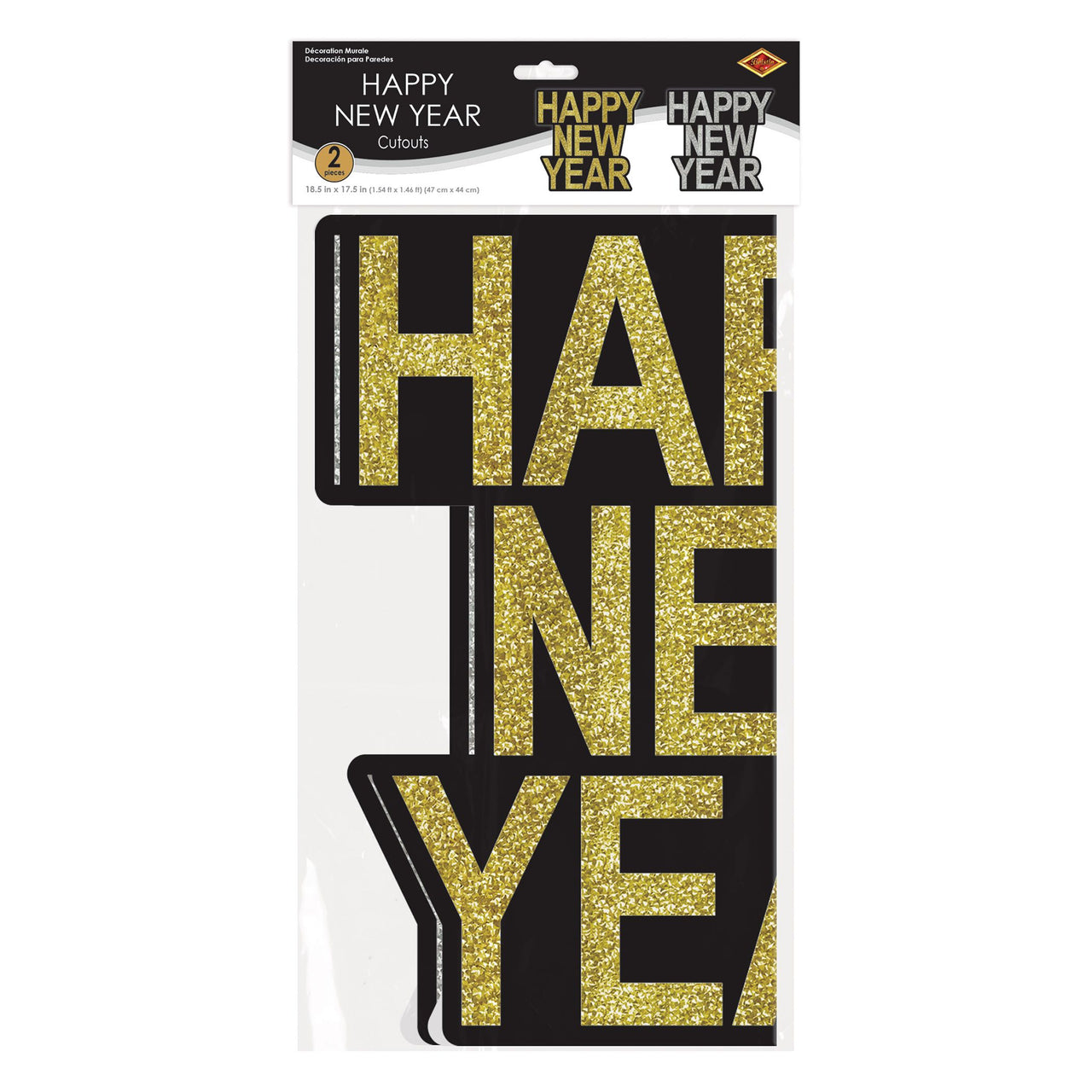 Happy New Year Glitter Cutouts - Black & Gold/Silver (2-Pack)