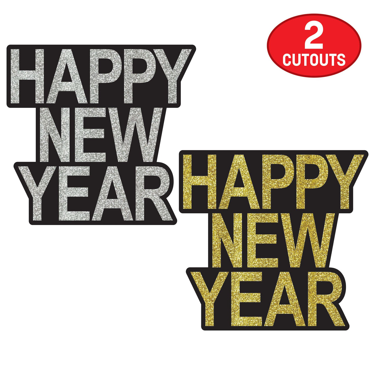 Happy New Year Glitter Cutouts - Black & Gold/Silver (2-Pack)