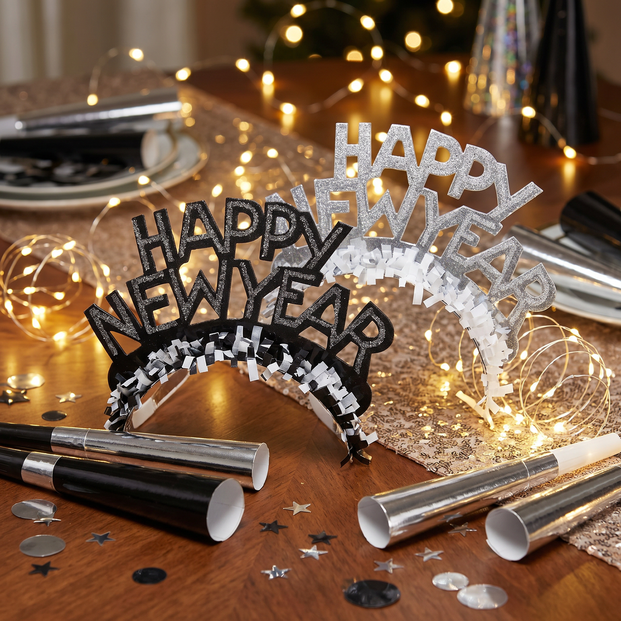 New Year's Eve Black and Silver Foil Glitter Tiaras (50 per Case)
