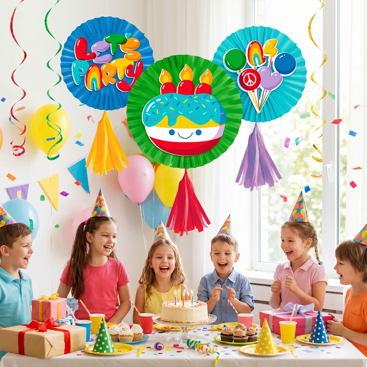 Bubbly Birthday Paper Fans w/ Tassels (36 per Case)