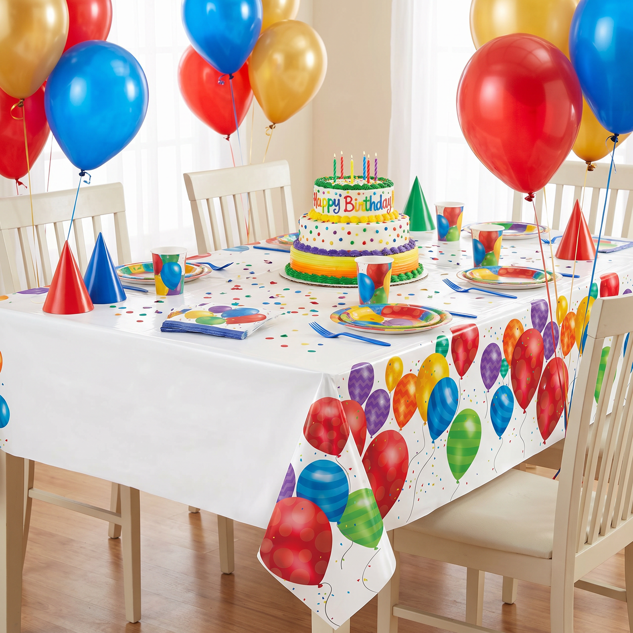 Balloon Blast Plastic Tablecover 54 inch x102 inch , Border Print (6 per Case)