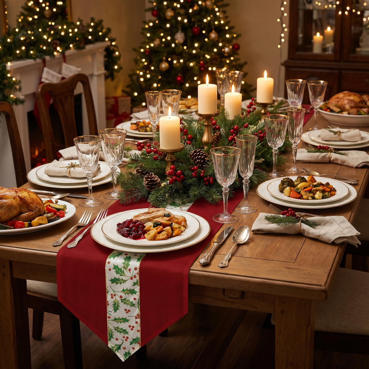 Christmas Holly Fabric Table Runner