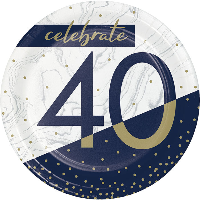 96 pc Bulk Navy and Gold 40th Birthday Dessert Plates - Birthday Party Supplies by Creative Converting