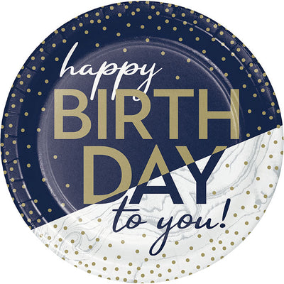 96 pc Bulk Navy and Gold Birthday Dessert Plates - Birthday Party Supplies by Creative Converting
