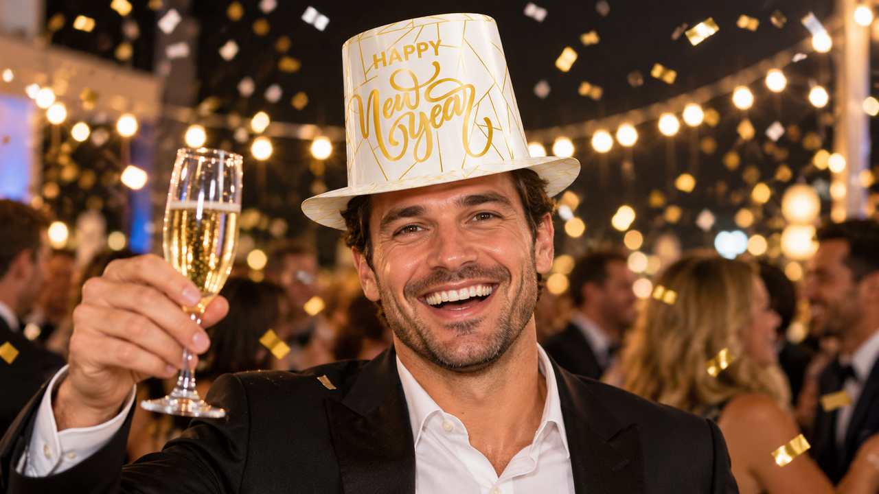 Man wearing the White New Year Gold Hi-Hat with gold Happy New Year lettering at a New Year's Eve party
