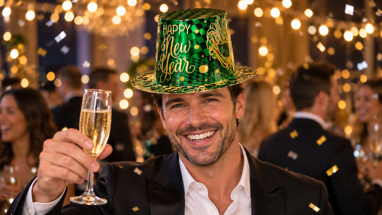 Man wearing a green New Year's Eve Midnight Masquerade Hi-Hat at a New Year's Eve party