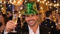 Man wearing a green New Year's Eve Midnight Masquerade Hi-Hat at a New Year's Eve party
