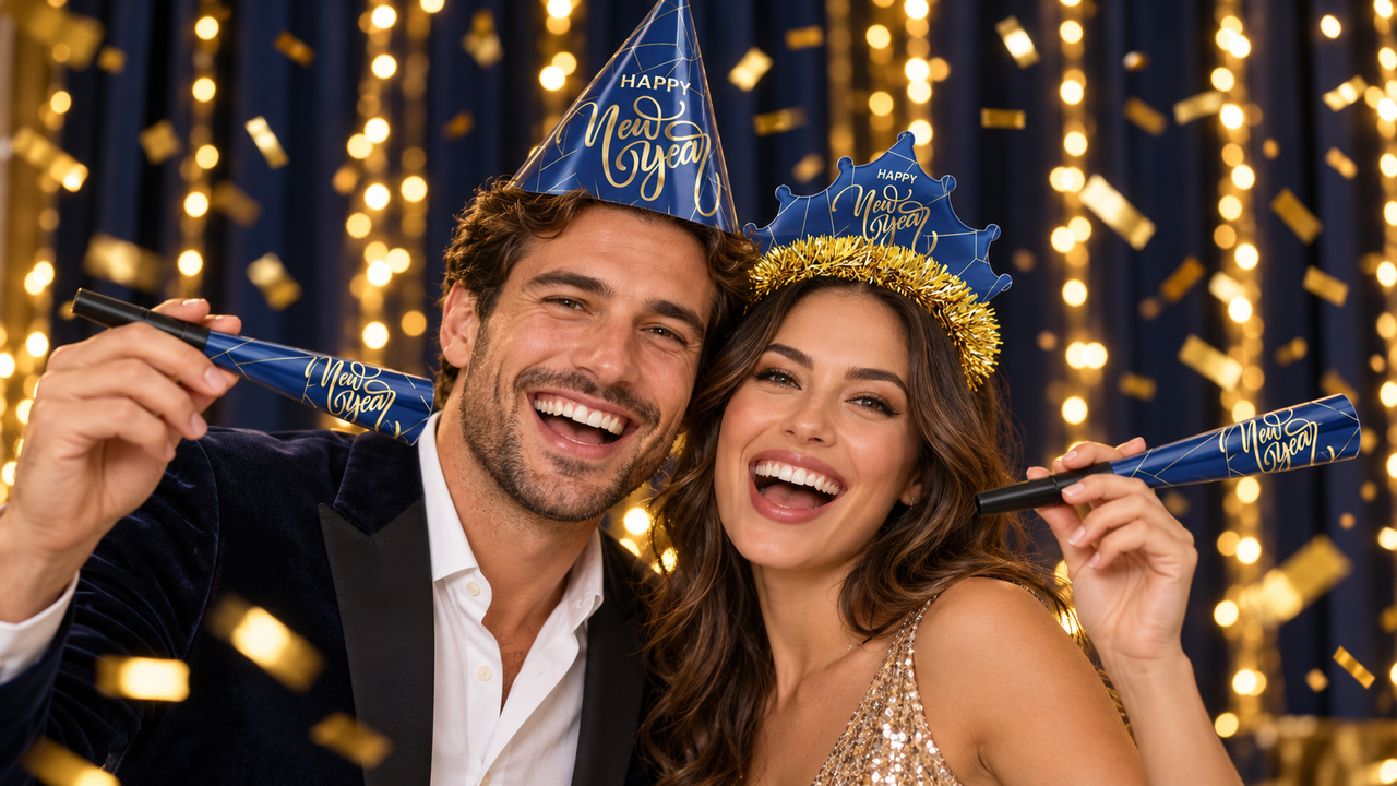 Couple celebrating New Year's Eve with a navy blue HAPPY New Year cone hat, a gold tinsel crown tiara and navy blue New Year printed horns from the Midnight Blue New Year Party Kit