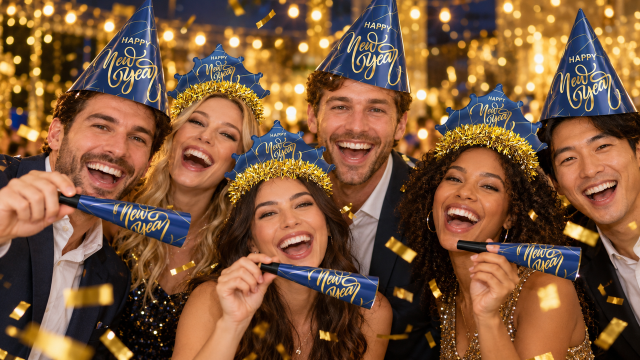 Friends celebrating New Year's Eve in navy blue and gold HAPPY New Year cone hats and gold tinsel crown tiaras from the Midnight Blue New Year Party Kit, holding navy blue New Year printed horns