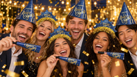 Friends celebrating New Year's Eve in navy blue and gold HAPPY New Year cone hats and gold tinsel crown tiaras from the Midnight Blue New Year Party Kit, holding navy blue New Year printed horns