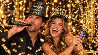 Couple celebrating New Year's Eve with a black Happy New Year top hat, gold glitter tiara, printed horn and confetti burst from the Confetti New Year Party Kit