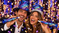 Couple celebrating New Year's Eve with a Celebration New Year Party Kit fireworks Happy New Year foil hi-hat, tinsel tiara and foil horns