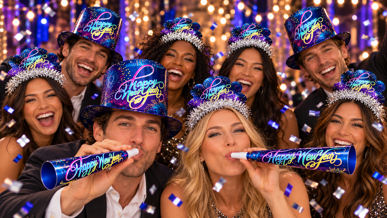 Friends celebrating New Year's Eve in Celebration New Year Party Kit blue and purple fireworks Happy New Year foil hi-hats and tinsel tiaras, blowing matching foil horns