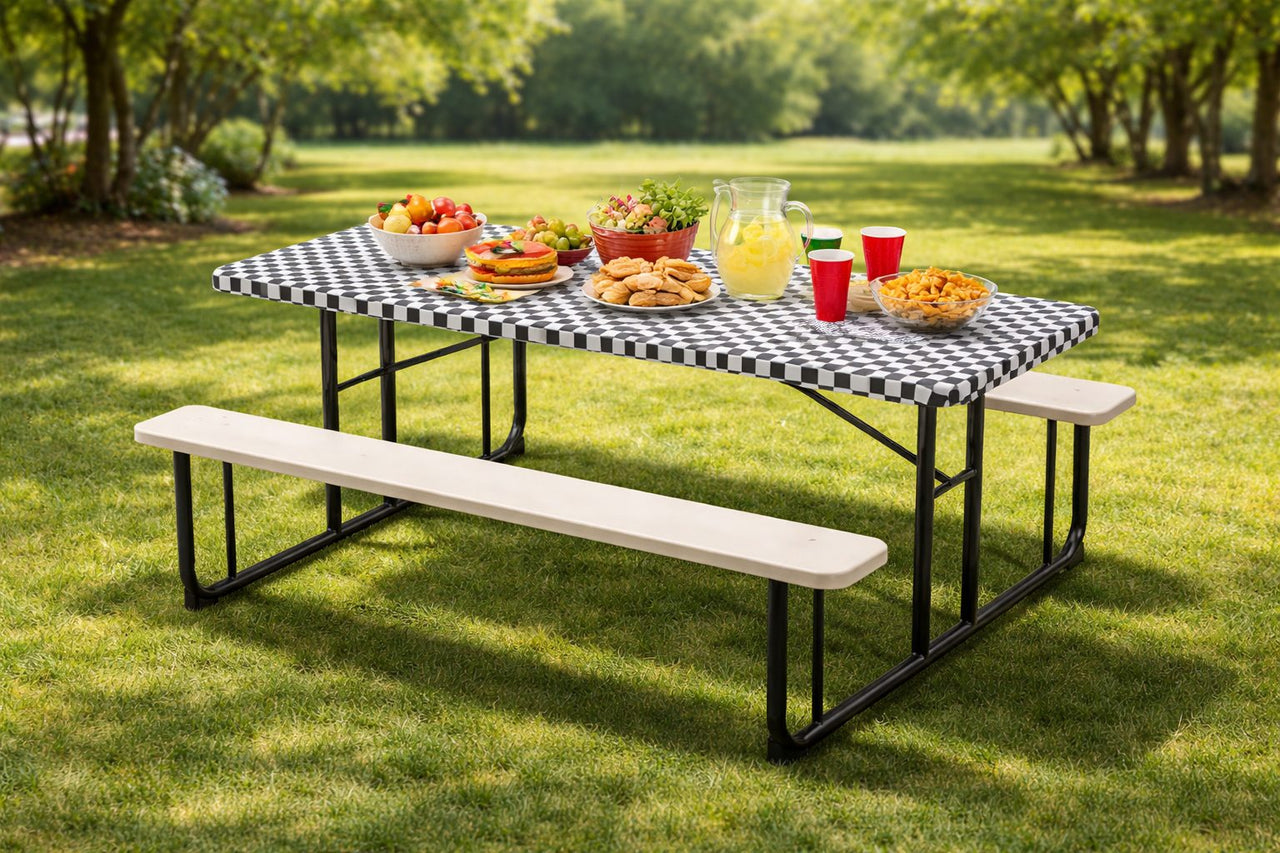 Black Check Stay Put Plastic 30" x 96" Table Covers (12 per Case)