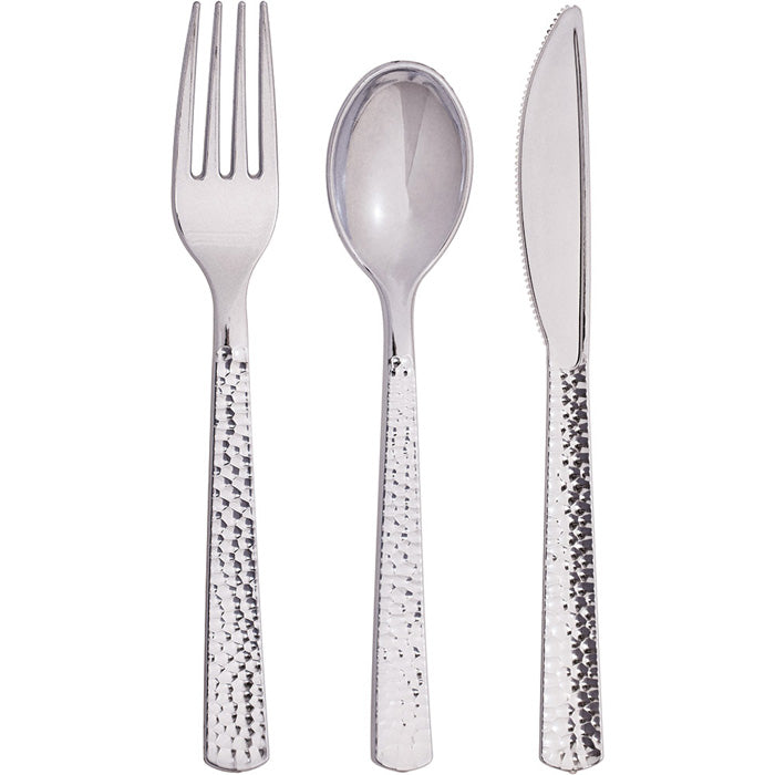 Bulk 288 pc Silver Metallic Hammered Assorted Cutlery  - Solid Color Party Tableware by Creative Converting