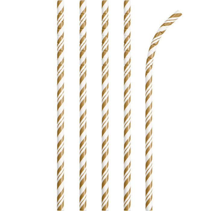 144 pc Bulk Gold and White Striped Flex Paper Straws - General Party Decorations and Accessories by Creative Converting