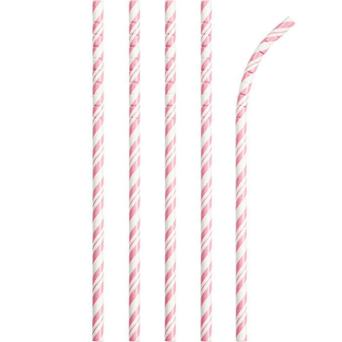 Bulk 144 pc Classic Pink and White Striped Flex Paper Straws  - Solid Color Party Tableware by Creative Converting
