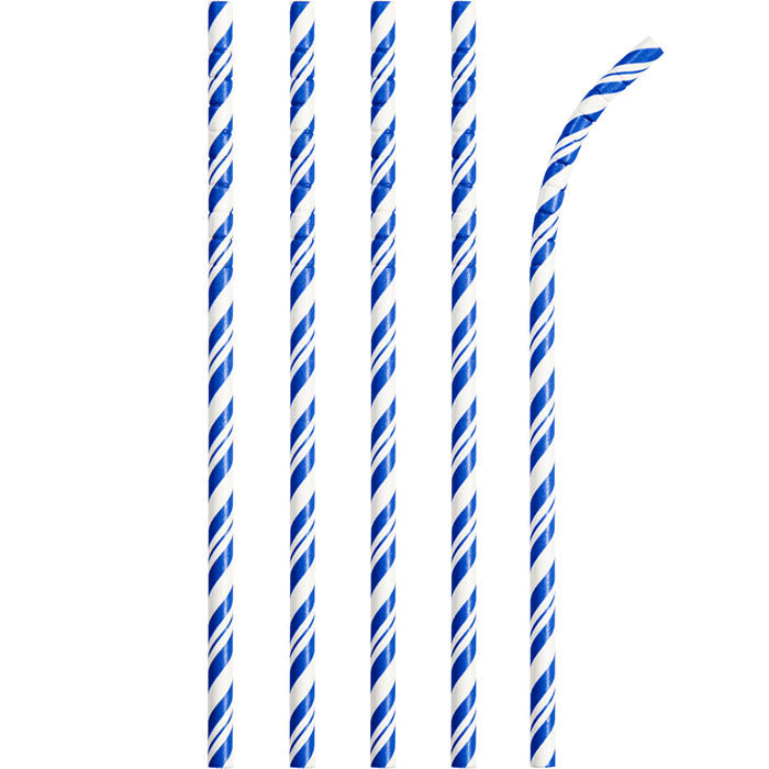 Bulk 144 pc Cobalt Blue and White Striped Flex Paper Straws  - Solid Color Party Tableware by Creative Converting