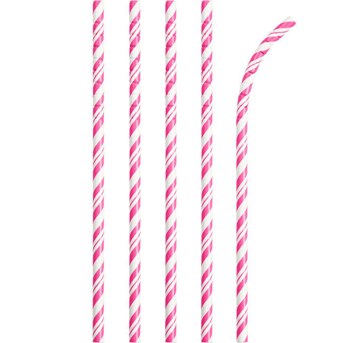Bulk 144 pc Candy Pink and White Striped Flex Paper Straws  - Solid Color Party Tableware by Creative Converting