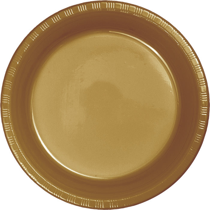 Bulk 240 pc Glittering Gold Plastic Banquet Plates 10.25 inch - Solid Color Party Tableware by Creative Converting
