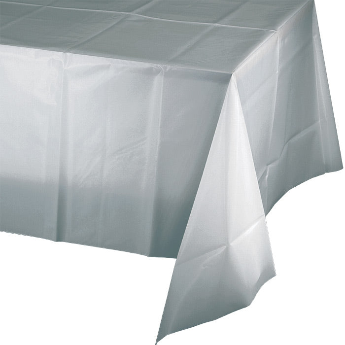 Bulk 12 pc Shimmering Silver Plastic Table Covers 54 inch x 108 inch - Solid Color Party Tableware by Creative Converting