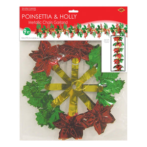 Beistle Poinsettia & Holly Garland/Column (Pack of 12) - Christmas Garland, Christmas Party Decorations, Christmas Party Supplies