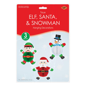 Beistle Tissue Elf, Santa & Snowman - 7-inch to 10.75-inch Sizes - Christmas/Winter Hanging Decorations