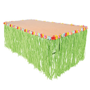 Luau Party Artificial Grass Table Skirt - green - with floral trim