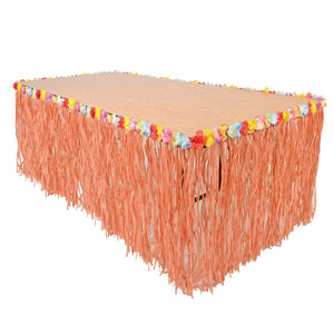 Luau Party Artificial Grass Table Skirting - natural - with floral trim