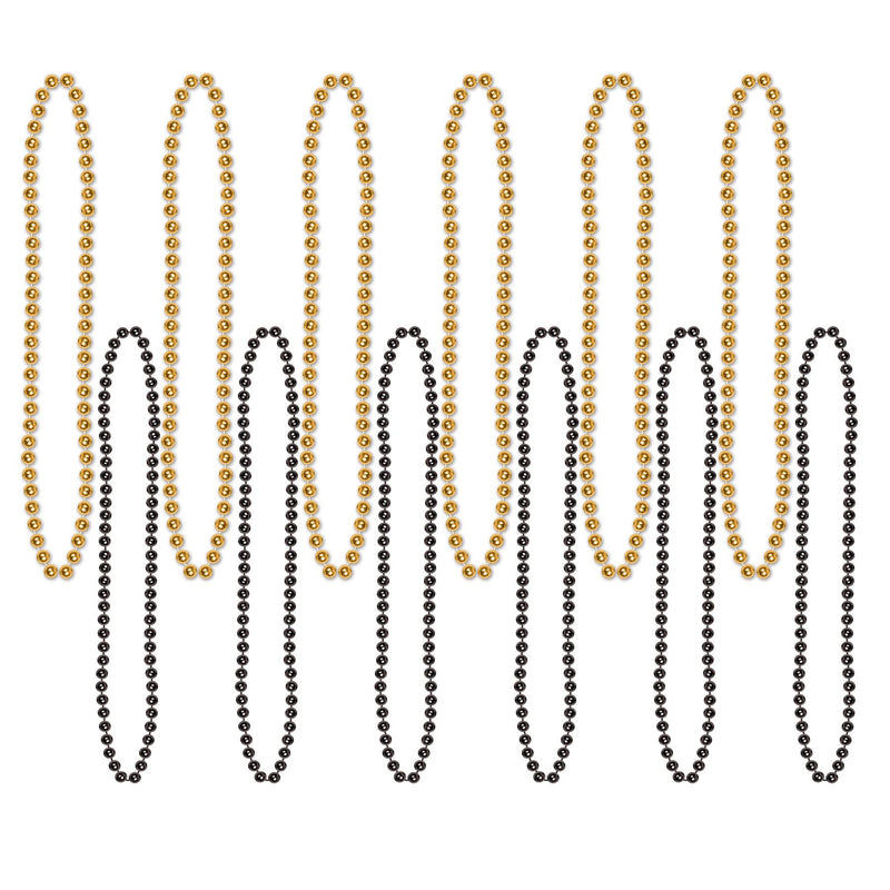 Party Bead Necklaces - Small Round black & gold (12/Pkg)