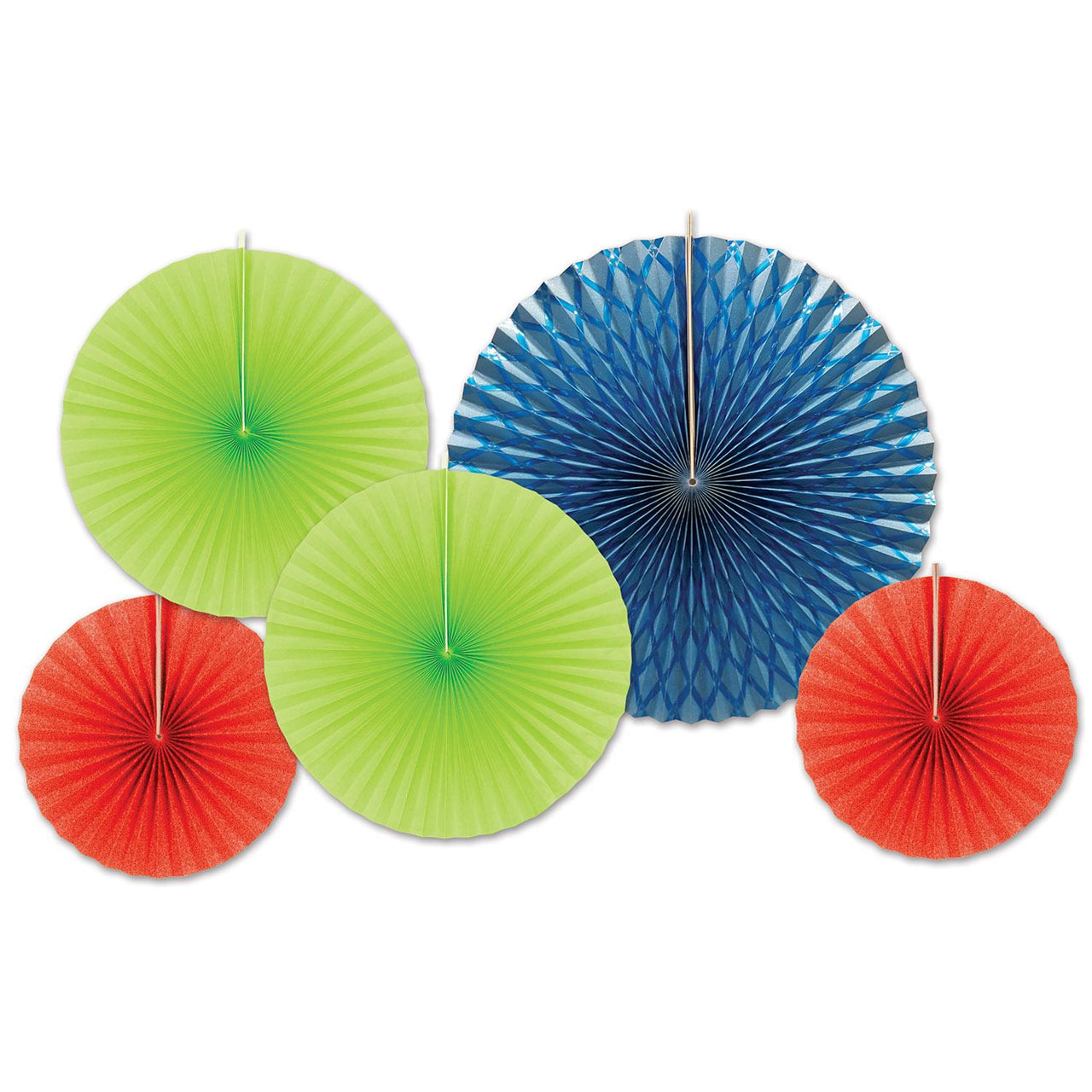 Paper & Foil Decorative Fans - Assorted red - blue - lime green (5/Pkg)