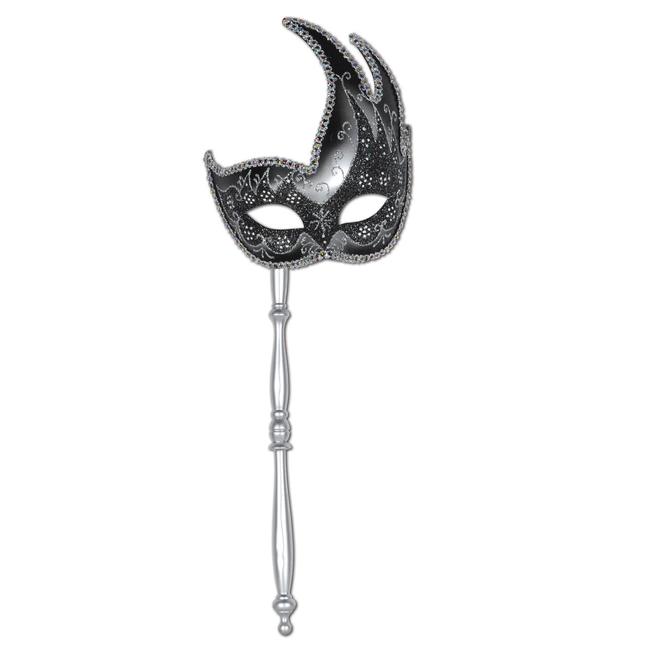 Mardi Gras Glittered Mask with Stick - silver - sticks attached