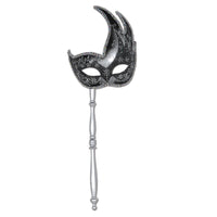 Mardi Gras Glittered Mask with Stick - silver - sticks attached