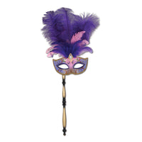 Glitttered Feather Mardi Gras Costume Mask with Stick- Purple