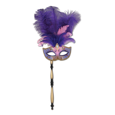 Glitttered Feather Mardi Gras Costume Mask with Stick- Purple