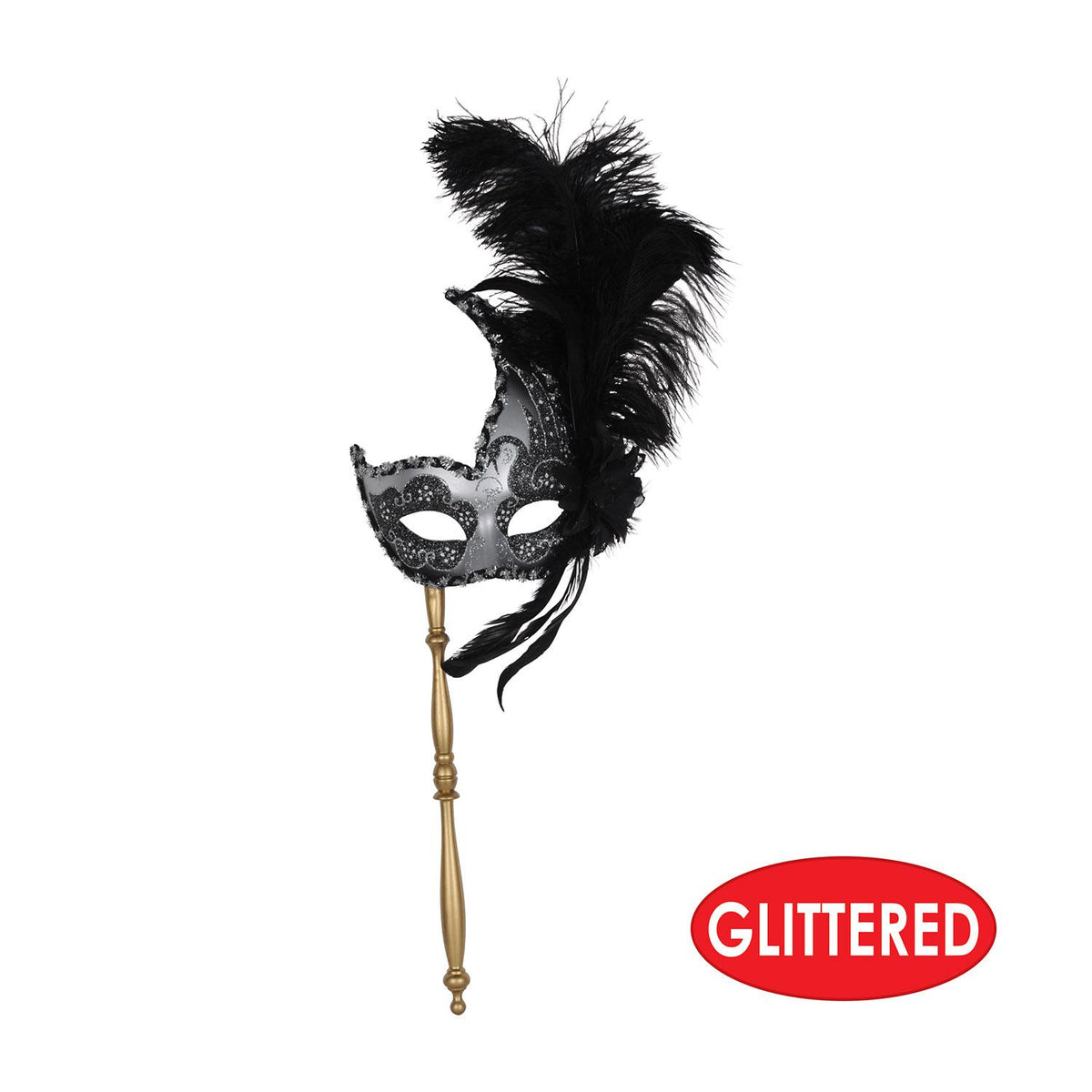 White And Silver Feather Mask On Stick