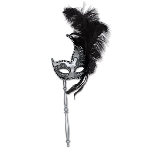 Feathered Beistle Mardi Gras Costume Mask with Stick