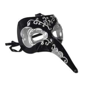 Mardi Gras Long Nose Mask - black & silver - black ribbon ties