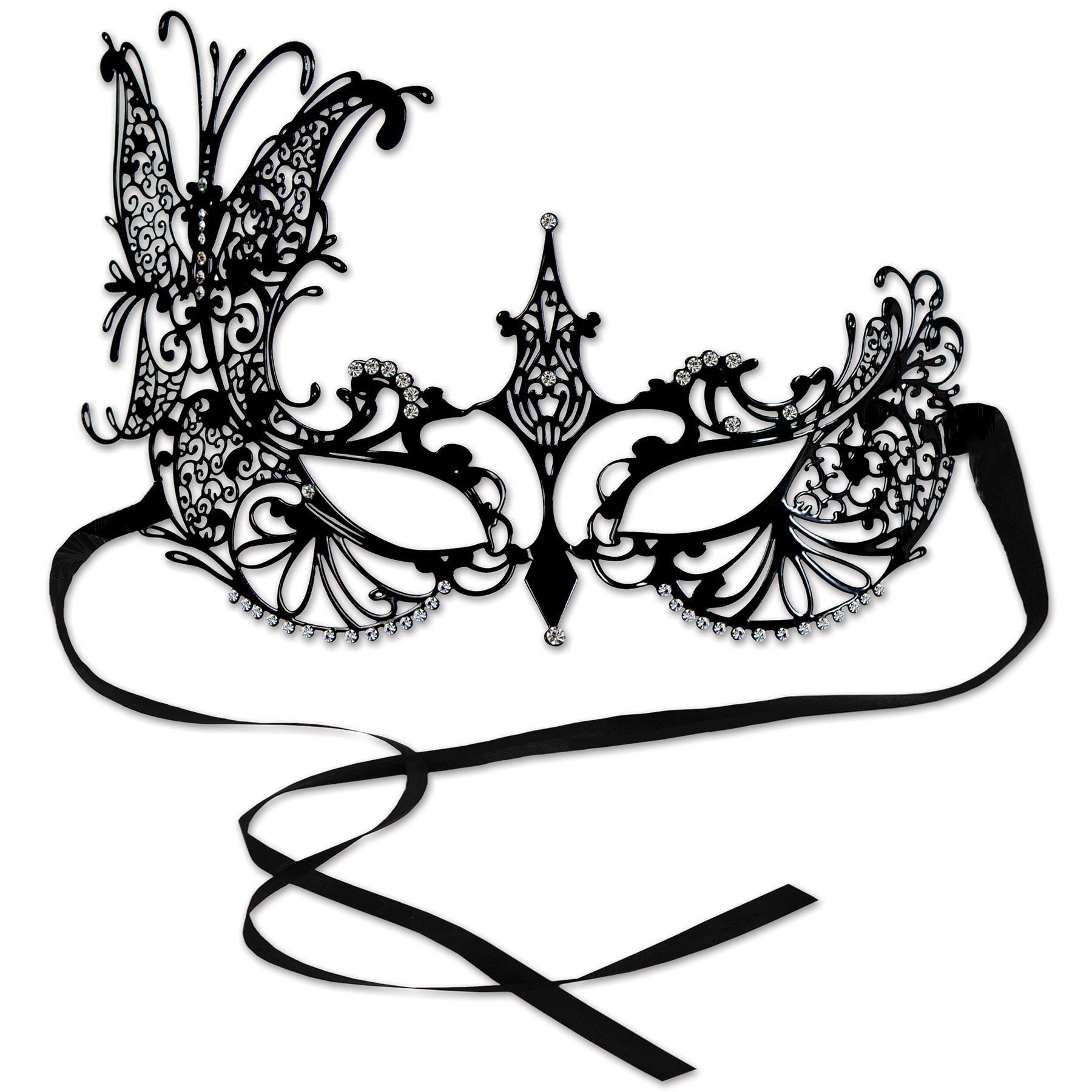 Black Ribbon Tie Mardi Gras Metal Filigree Masquerade Mask  display picture 3