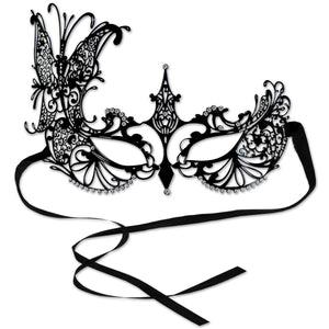 Black Ribbon Tie- Mardi Gras Metal Filigree Masquerade Mask