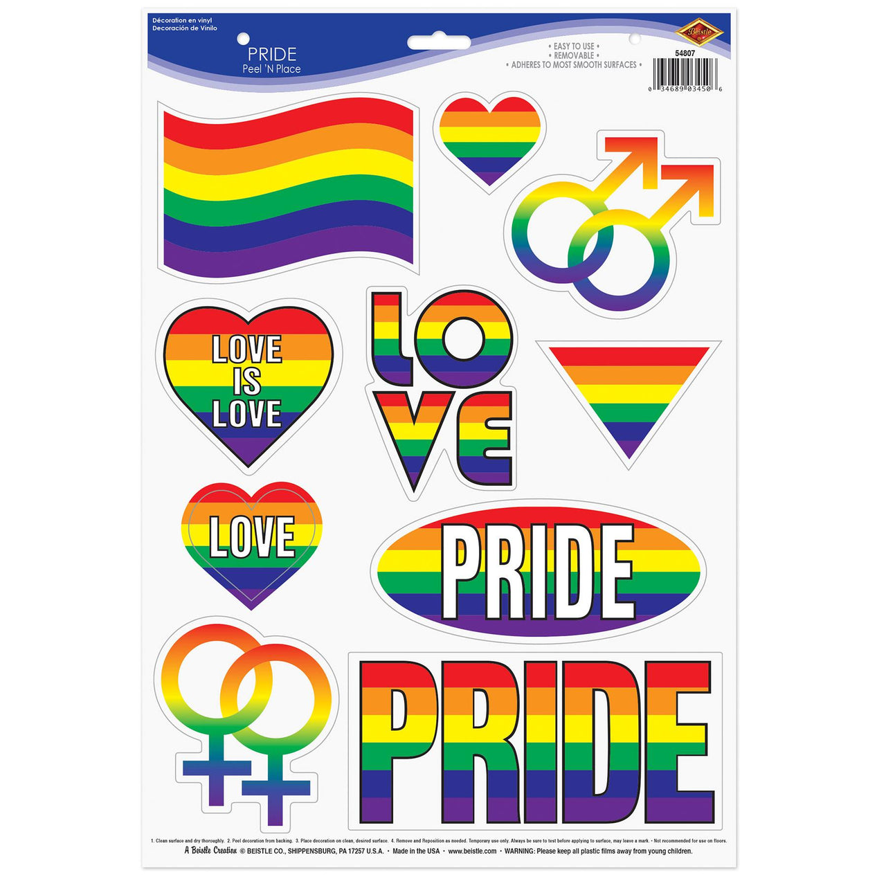 Beistle Pride Peel 'N Place Clings Party Decor (10/Sheet)