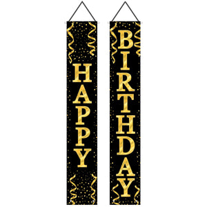 Happy Birthday Party Fabric Door Panel Set- Black and Gold