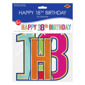 Beistle Foil Happy 18th Birthday Streamer multi-color - 7.5 inch x 5 Feet - Birthday-Age Specific Banners