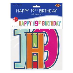 Beistle Foil Happy 19th Birthday Streamer multi-color - 7.5 inch x 5 Feet - Birthday-Age Specific Banners