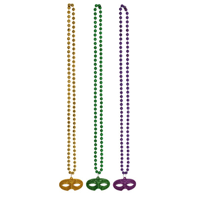 Bead Necklace with Glittered Mask Medallion (3 Per Package)